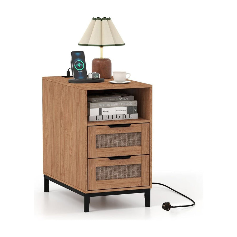 Narrow End Table with Charging Station and 2 Drawers for Bedroom-Natural