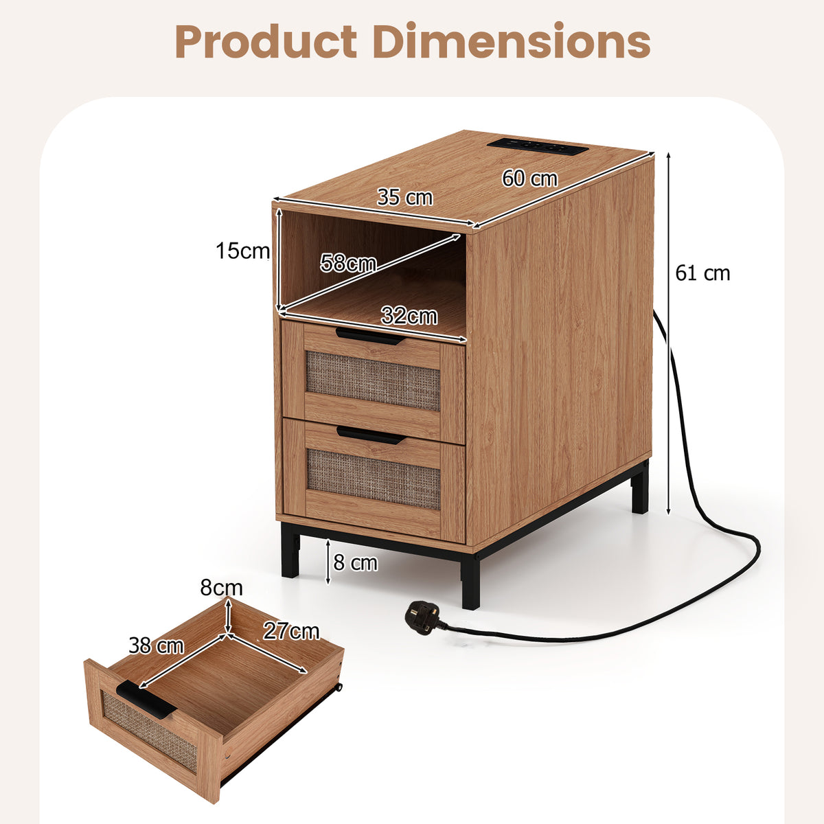 Narrow End Table with Charging Station and 2 Drawers for Bedroom-Natural