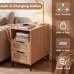 Narrow End Table with Charging Station and 2 Drawers for Bedroom-Natural