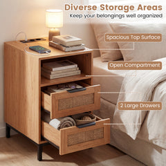 Narrow End Table with Charging Station and 2 Drawers for Bedroom-Natural