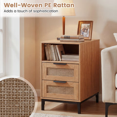 Narrow End Table with Charging Station and 2 Drawers for Bedroom-Natural