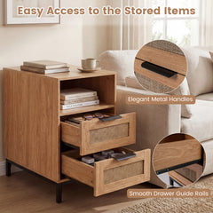 Narrow End Table with Charging Station and 2 Drawers for Bedroom-Natural