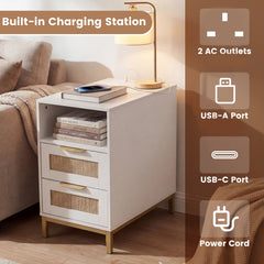 Narrow End Table with Charging Station and 2 Drawers for Bedroom-White