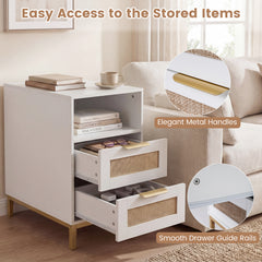Narrow End Table with Charging Station and 2 Drawers for Bedroom-White