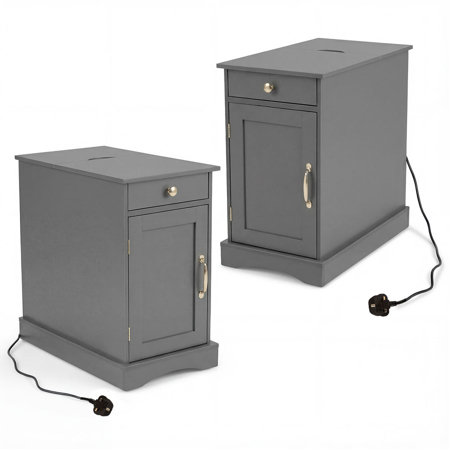 Narrow Nightstand Set of 2 with Charging Station and Drawer for Living Room Bedroom-Grey