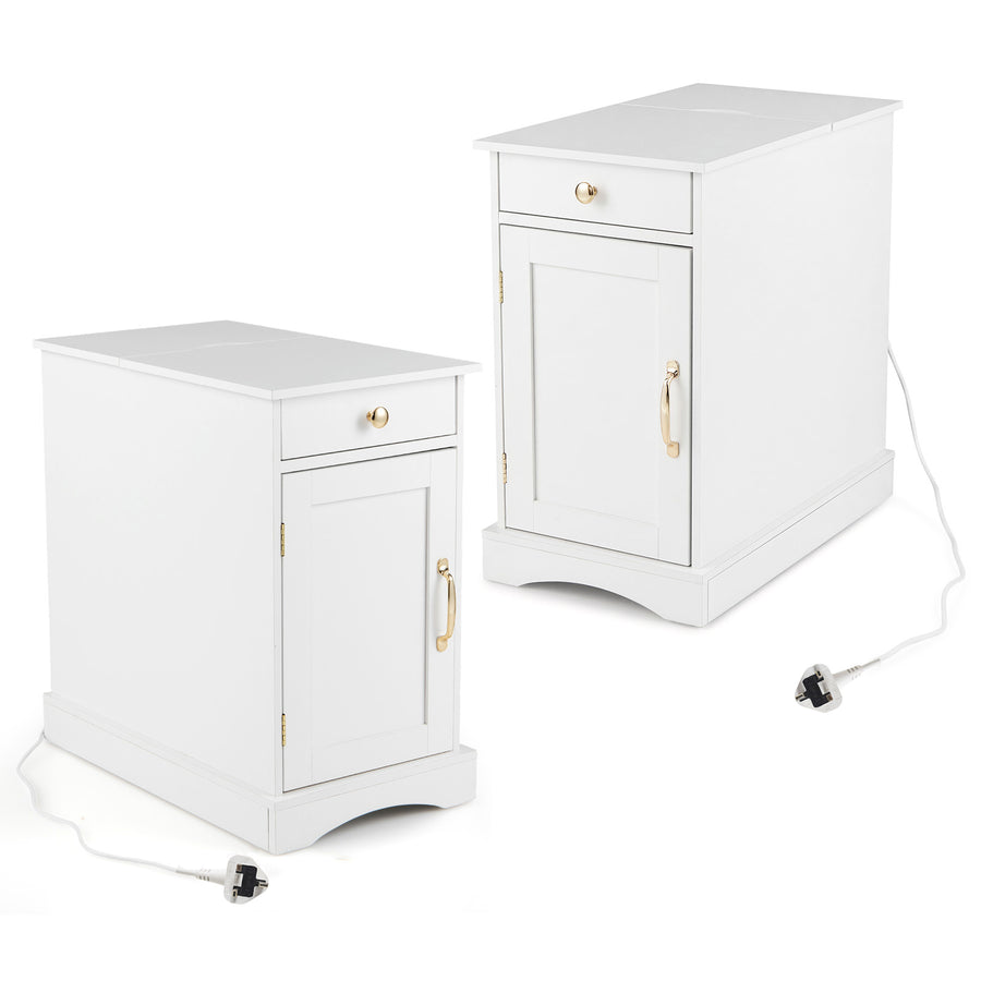 Narrow Nightstand Set of 2 with Charging Station and Drawer for Living Room Bedroom-White