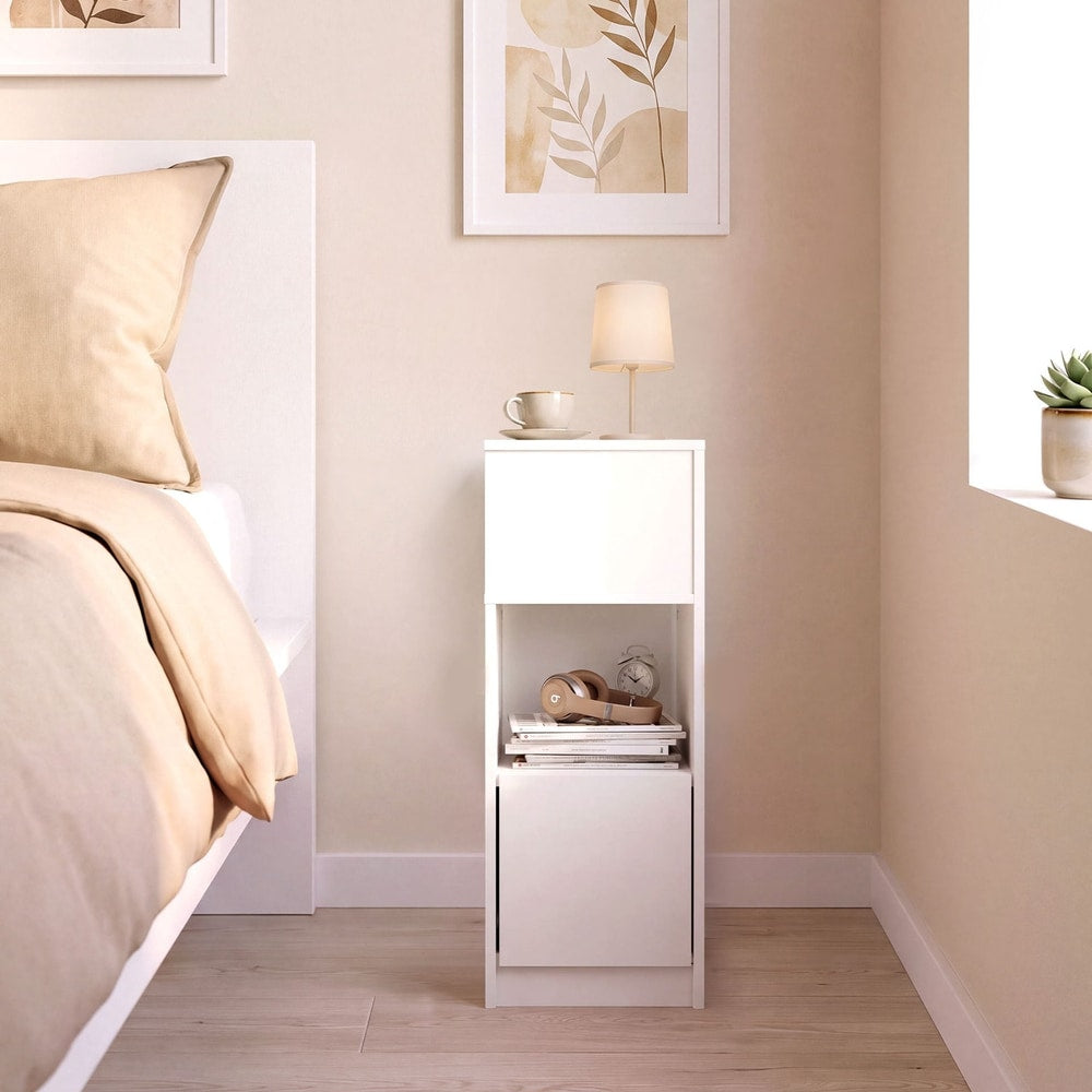 Narrow Nightstand with Drawer and 2 Storage Compartments for Small Spaces-White