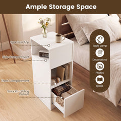 Narrow Nightstand with Drawer and 2 Storage Compartments for Small Spaces-White