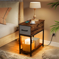Narrow Side Table with Charging Station and LED Lights for Small Spaces-Rustic Brown