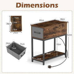 Narrow Side Table with Charging Station and LED Lights for Small Spaces-Rustic Brown