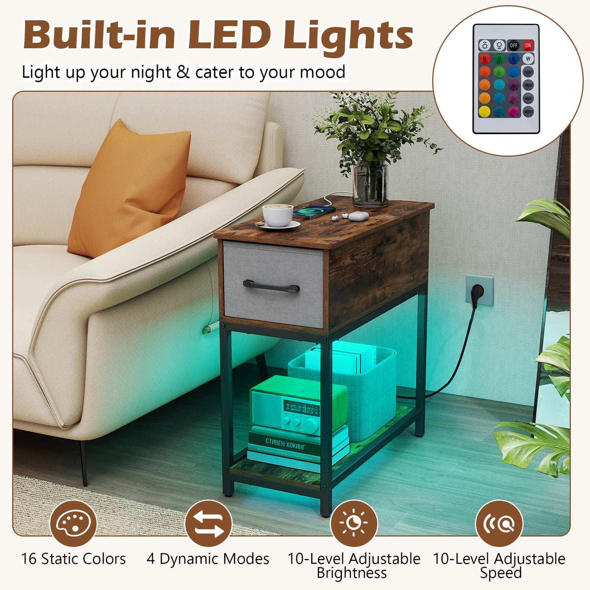 Narrow Side Table with Charging Station and LED Lights for Small Spaces-Rustic Brown