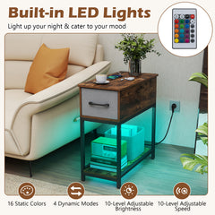 Narrow Side Table with Charging Station and LED Lights for Small Spaces-Rustic Brown