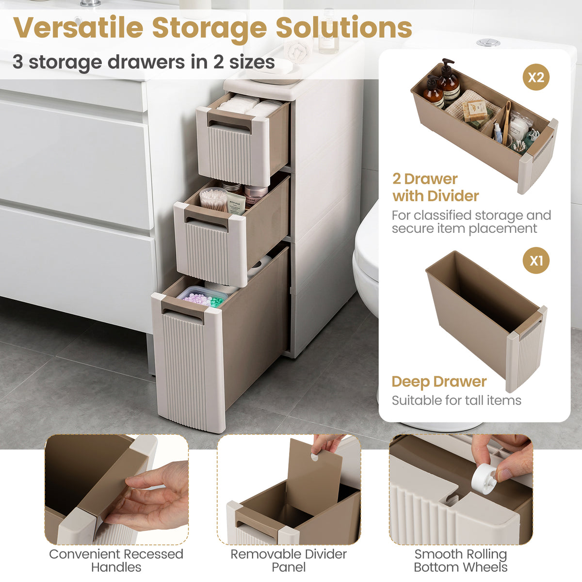 Narrow Storage Cabinet with 2/3/4 Drawers and Wheels-3 Drawers