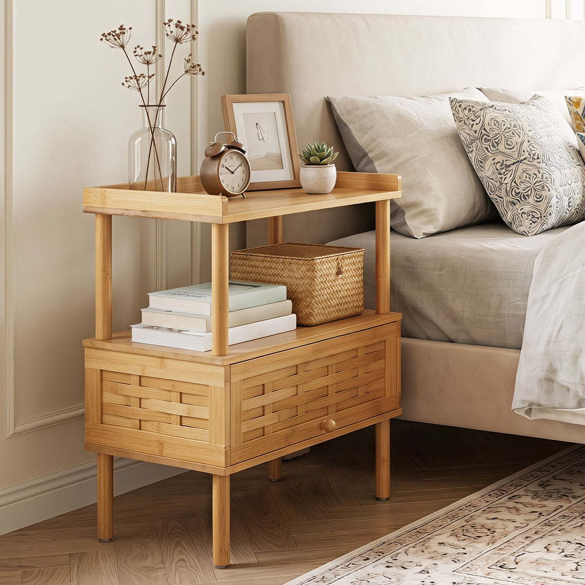 Natural Side Table with Raised Edge Flip-Up Door and Open Shelf-Natrual