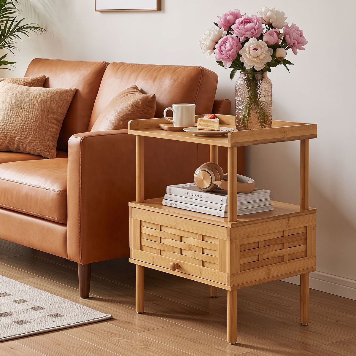 Natural Side Table with Raised Edge Flip-Up Door and Open Shelf-Natrual