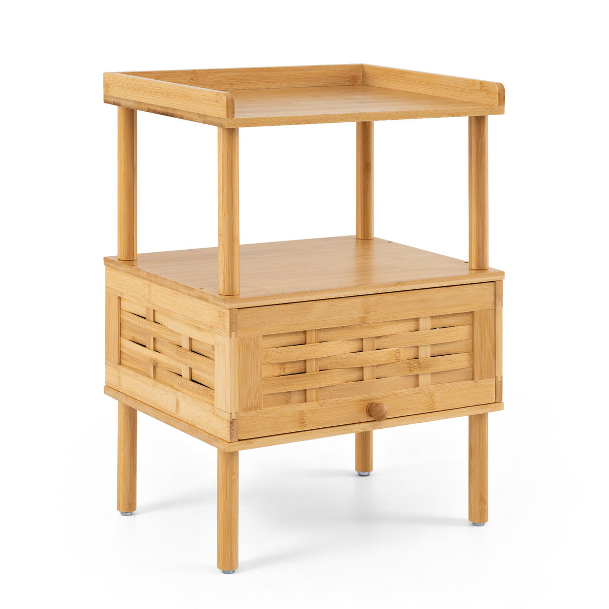 Natural Side Table with Raised Edge Flip-Up Door and Open Shelf-Natrual