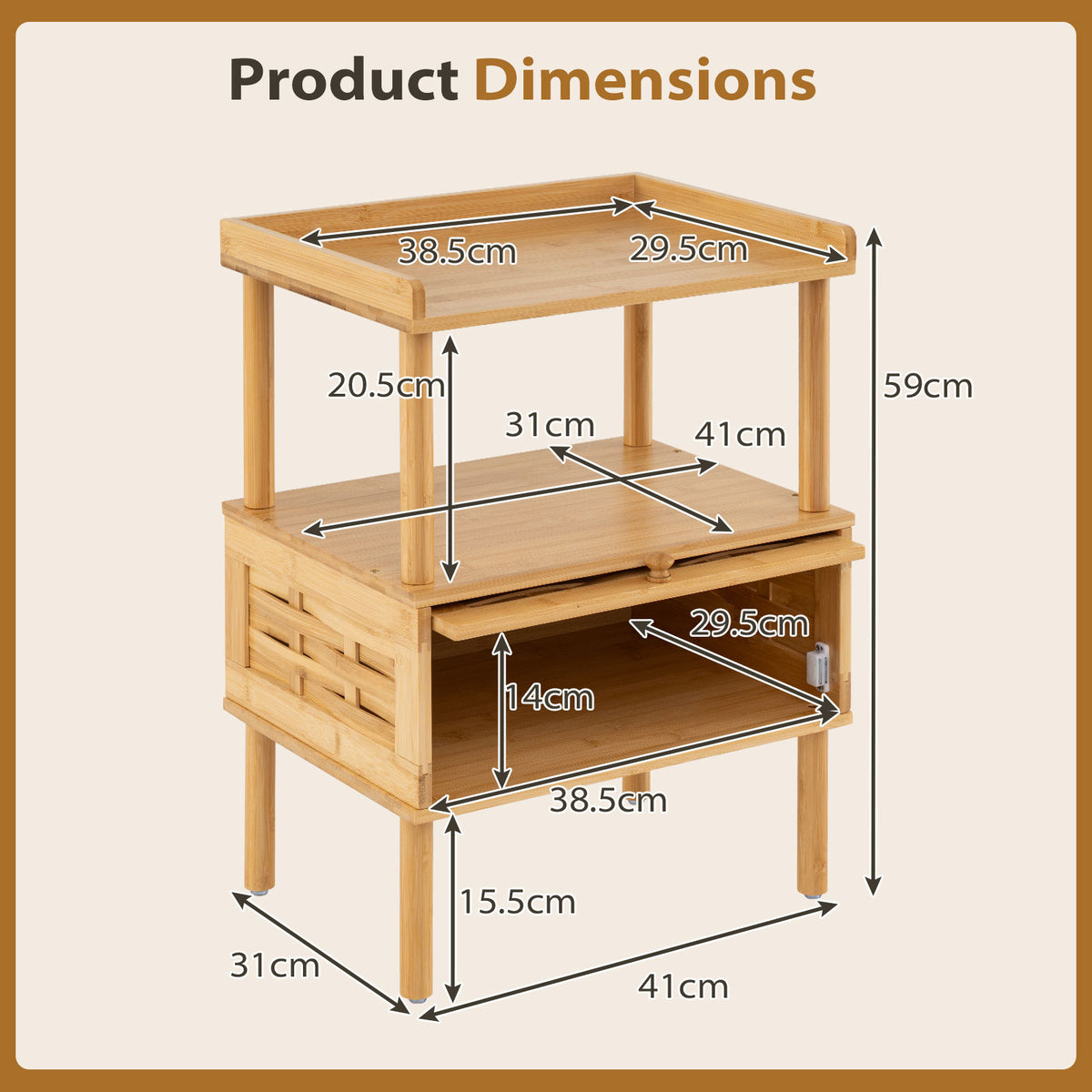 Natural Side Table with Raised Edge Flip-Up Door and Open Shelf-Natrual