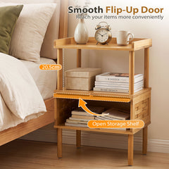 Natural Side Table with Raised Edge Flip-Up Door and Open Shelf-Natrual