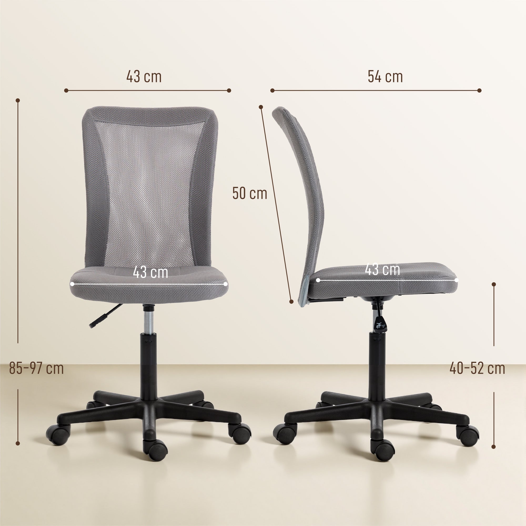 Vinsetto Computer Desk Chair, Mesh Office Chair with Adjustable Height and Swivel Wheels, Armless Study Chair, Grey