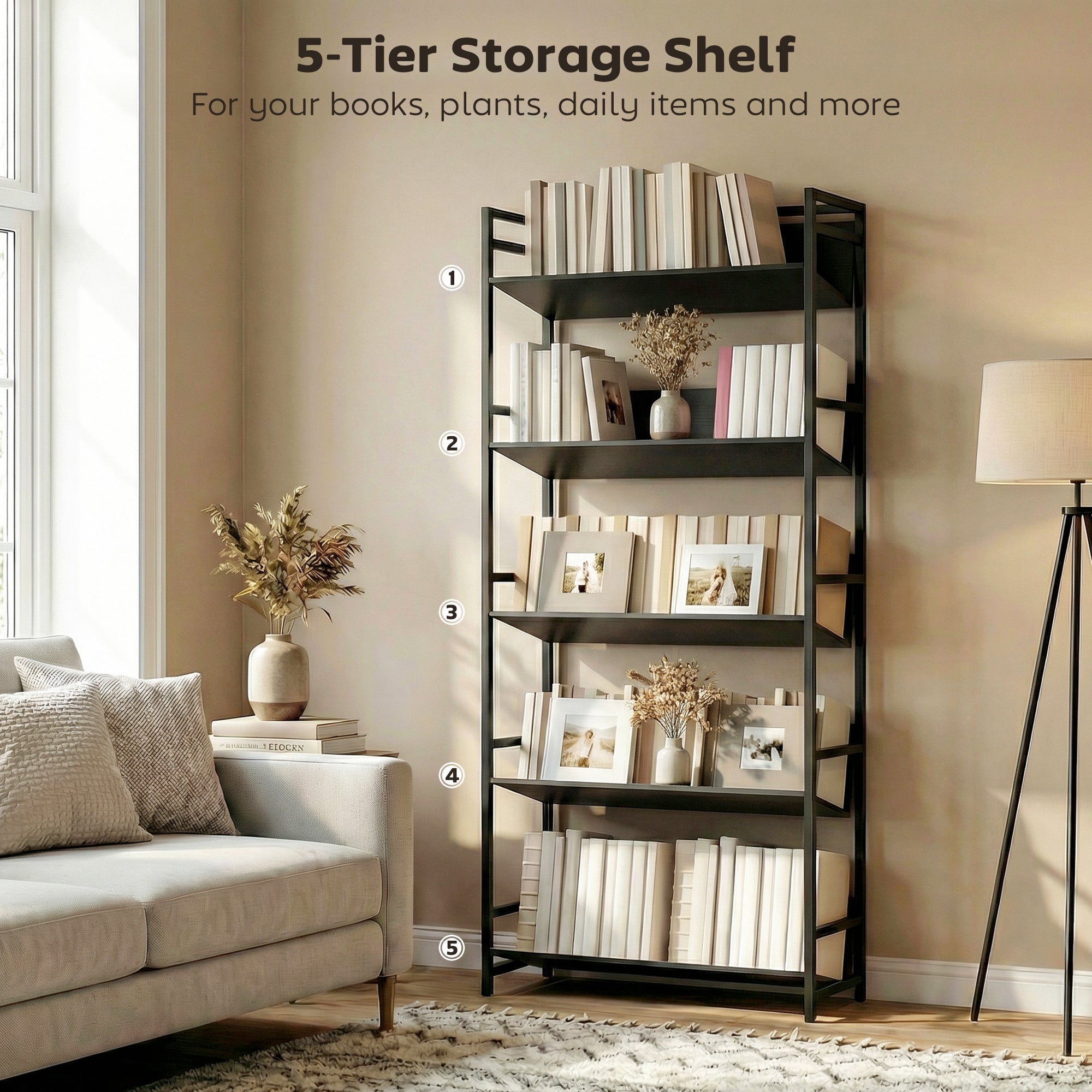 HOMCOM Bookshelf 5-Tier Metal Frame Room Divider Bookcase Storage Shelves for Living Room Black