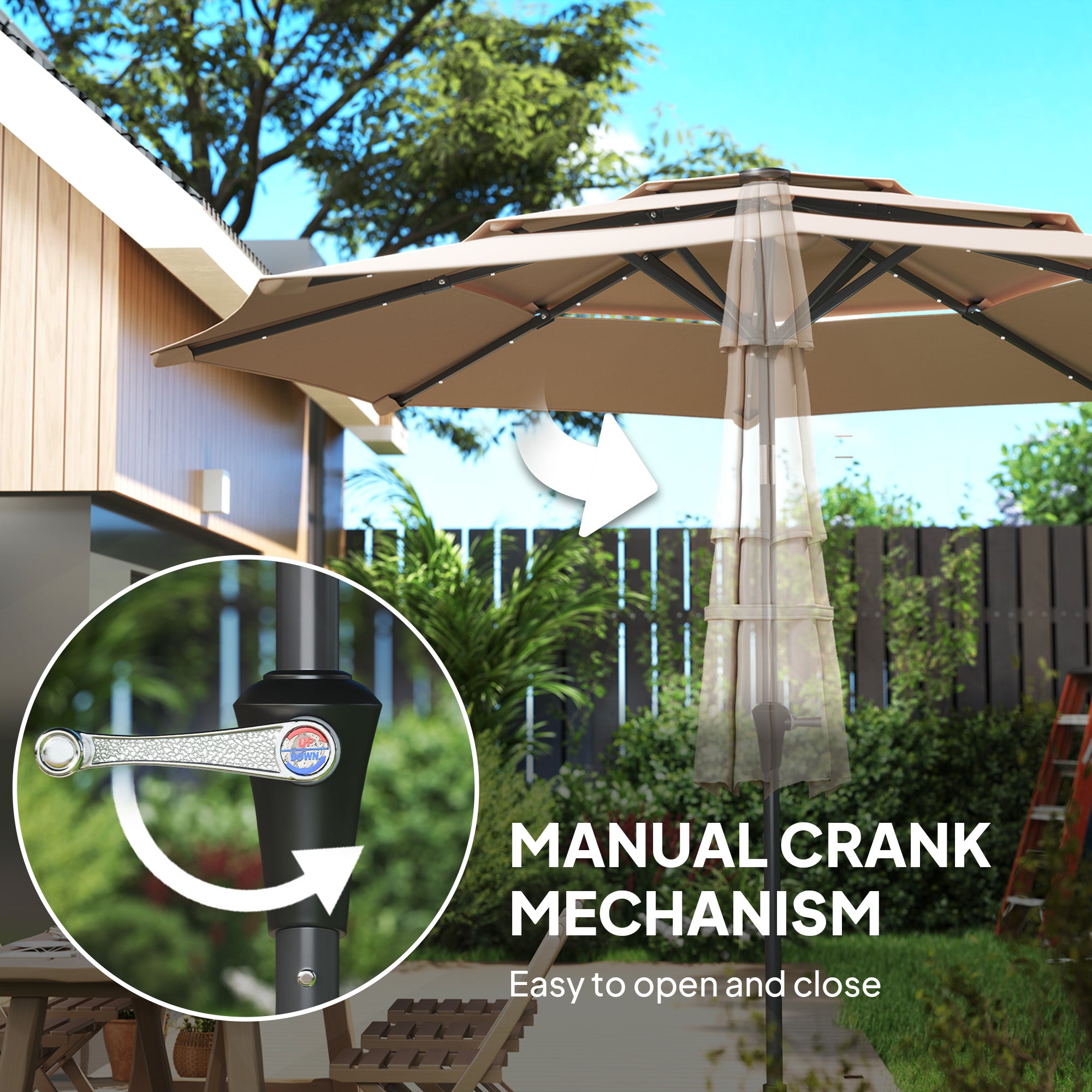 Outsunny 3-Tier Garden Parasol with Solar LED Lights, UPF 30+, Tilt Mechanism & Crank Handle, for Market Terrace, Khaki