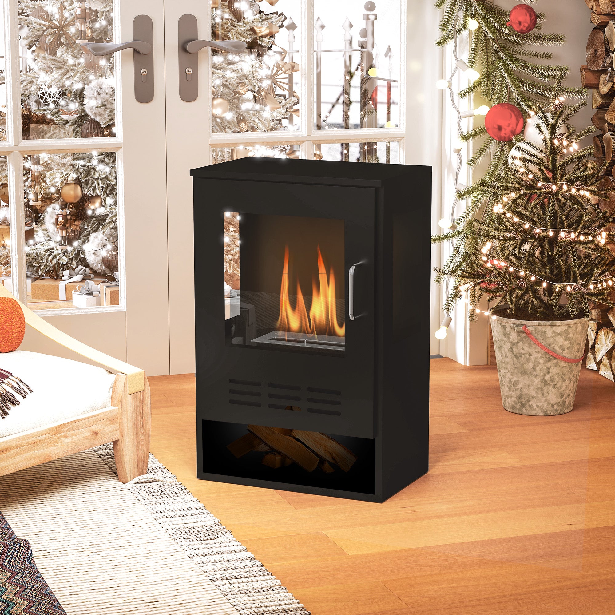 HOMCOM Ethanol Fireplace Stove with Shelf, Freestanding Bioethanol Fire, Indoor Ethanol Burner with 0.9 Litres Volume, Burns for Up to 3.3 Hours, 27 Inch, Black