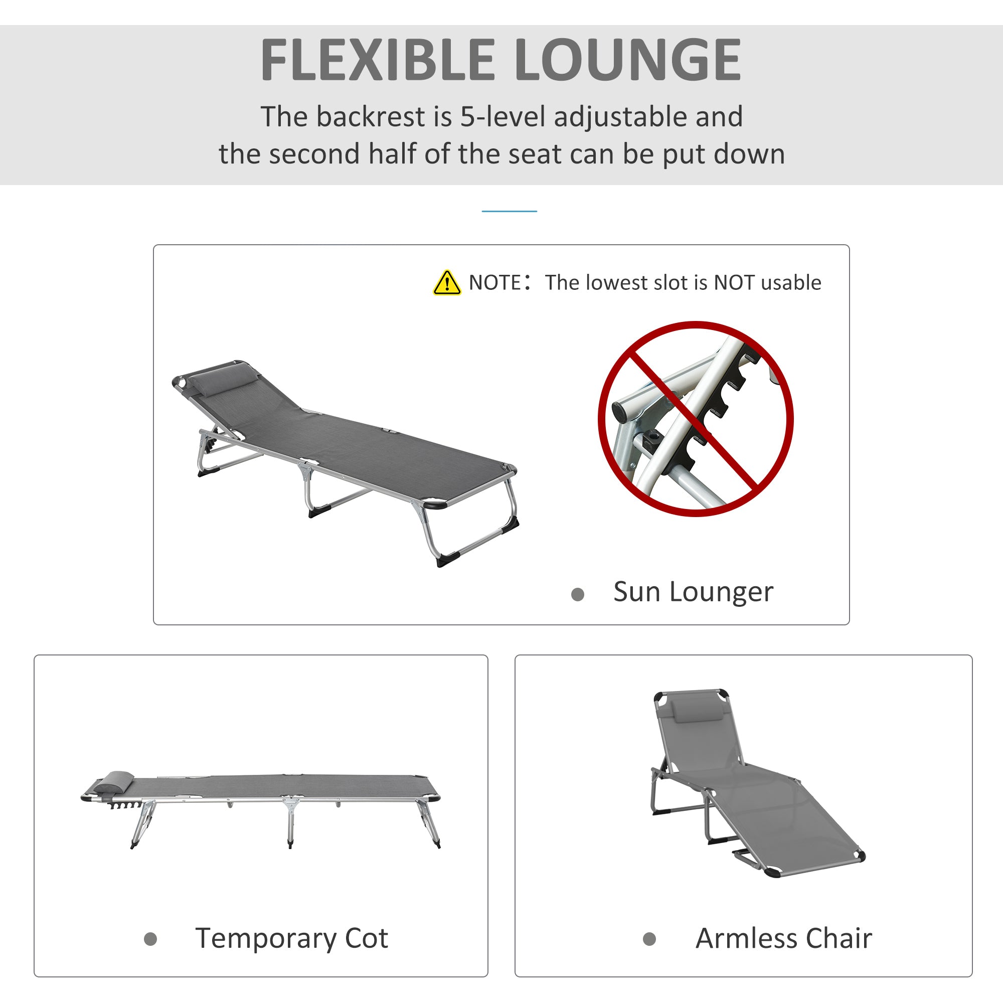 Outsunny Foldable Outdoor Sun Loungers Set of 2, Reclining Lounge Chair Camping Bed Cot with Pillow 4-Level Adjustable Back Aluminium Frame, Grey