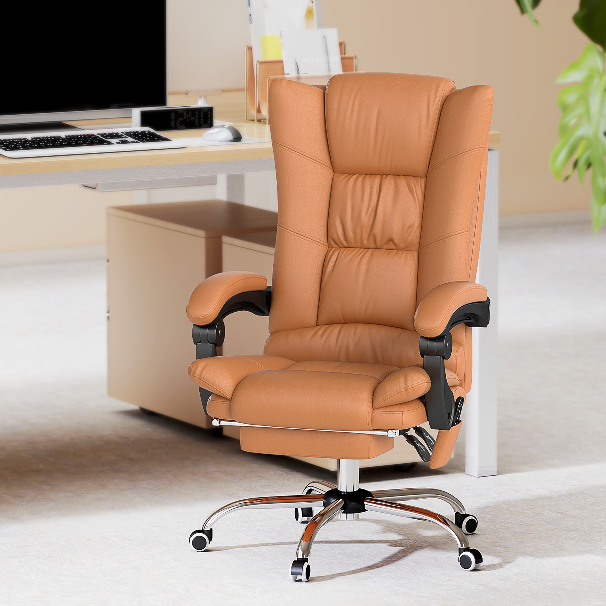 Vinsetto High Back Vibration Massage Office Chair, Heated Reclining PU Leather Computer Chair with 135√Ç¬∞ Reclining Back and Footrest, Light Brown