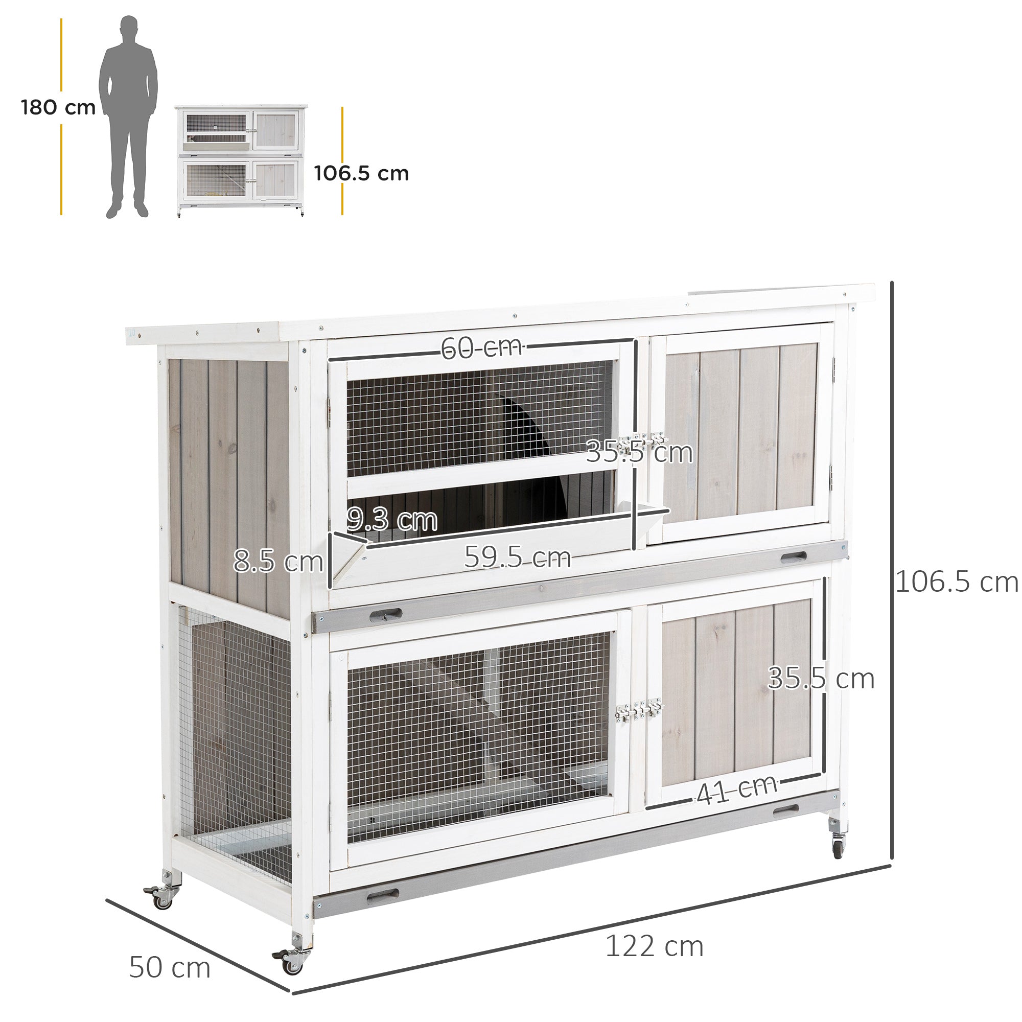 PawHut Wooden Pet Hutch, Two-Tier Cage with Rain Cover, Wheels, White