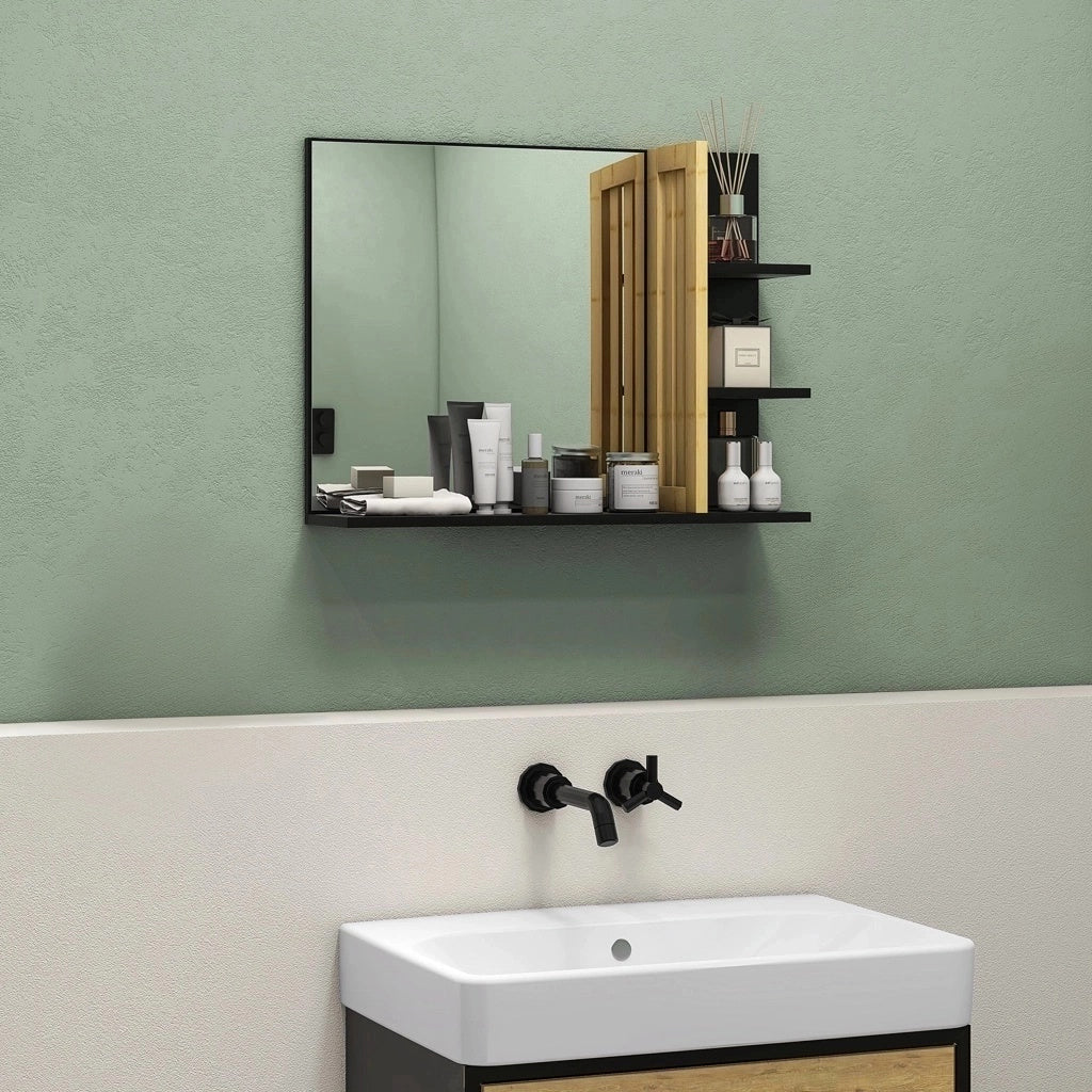 HOMCOM Bamboo Panel Bathroom Mirror, with Shelves