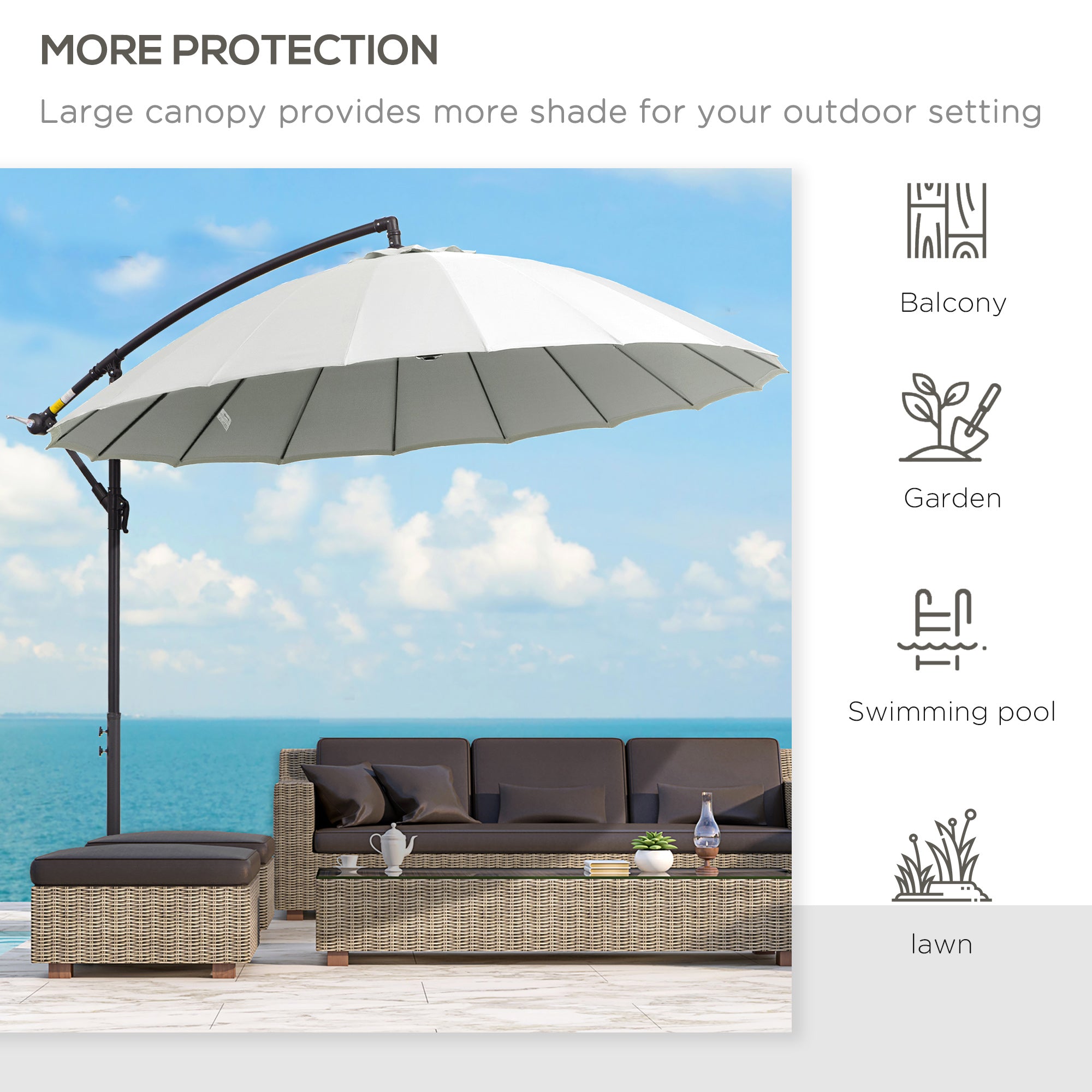 Outsunny 3(m) Cantilever Umbrella 18 Ribs & Vents Adjustable Angle for Patio Cream White