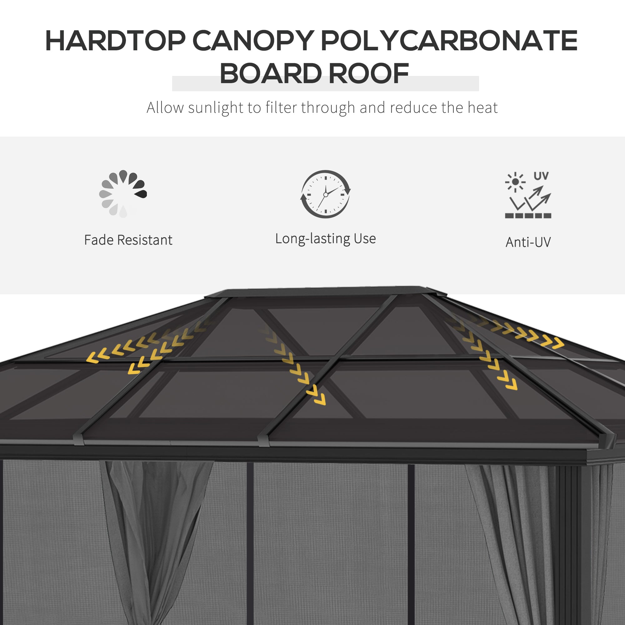 Outsunny 3 x 4m Hard Top Gazebo Garden Pavilion with Netting and Curtains, Polycarbonate Roof and Aluminium Frame
