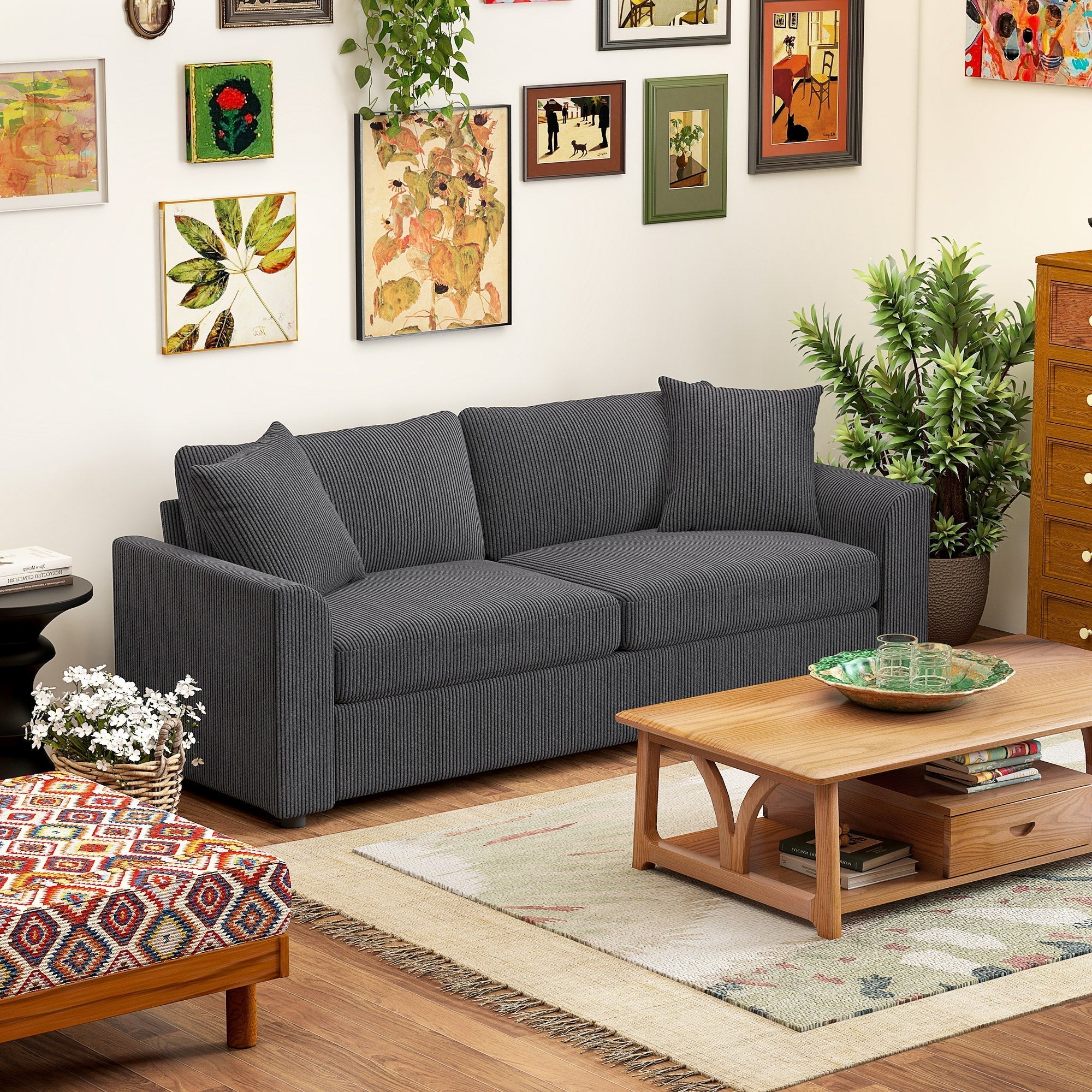 HOMCOM Modern 3 Seater Sofa with Spring Cushion, 212 cm Fabric Jumbo Cord Sofa Couch with 2 Scatter Cushions, Upholstered Corduroy Settee for Living Room, Bedroom, Home Office, Grey