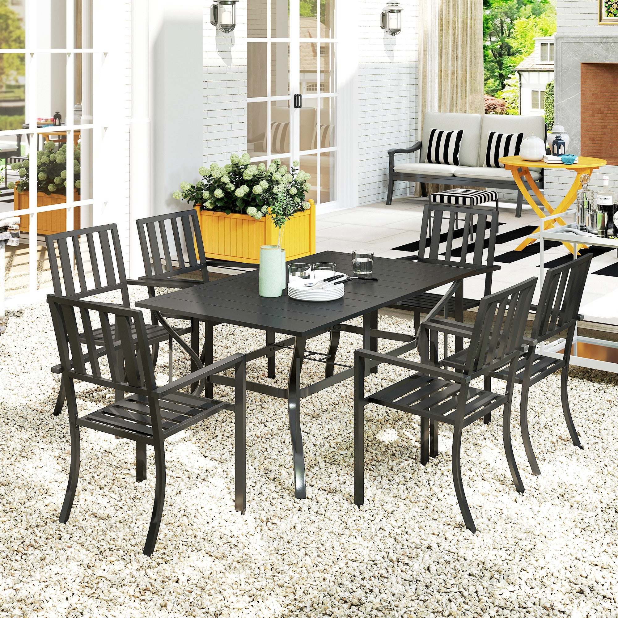 Outsunny 7 Pieces Garden Table and Chairs 6 Seater Outdoor Table and Chairs with Umbrella Hole, for Poolside, Garden, Black