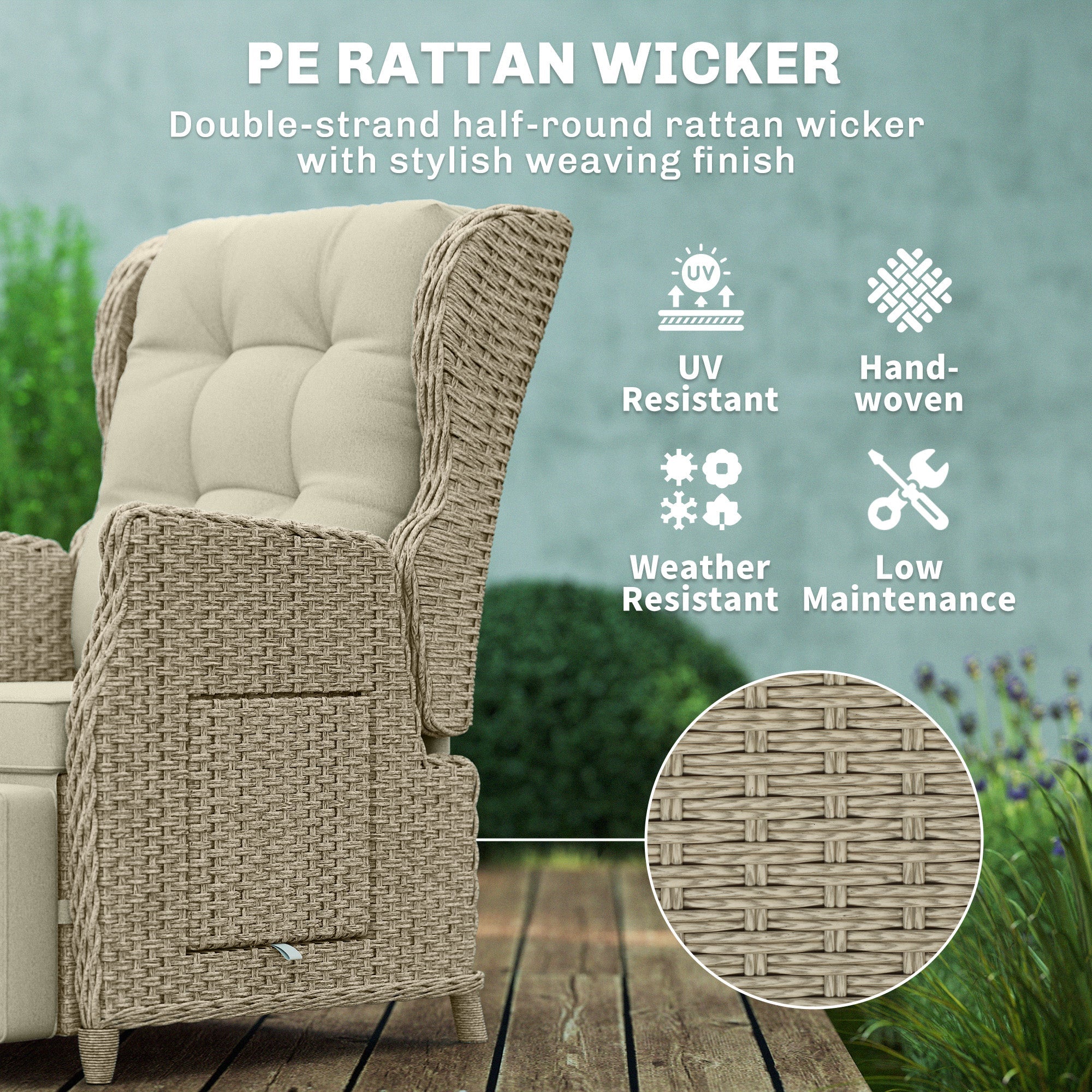 Outsunny Rattan Garden Recliner Chair, Reclining Garden Chair with Adjustable Back and Footrest, Flip Table, Cushion, Brown