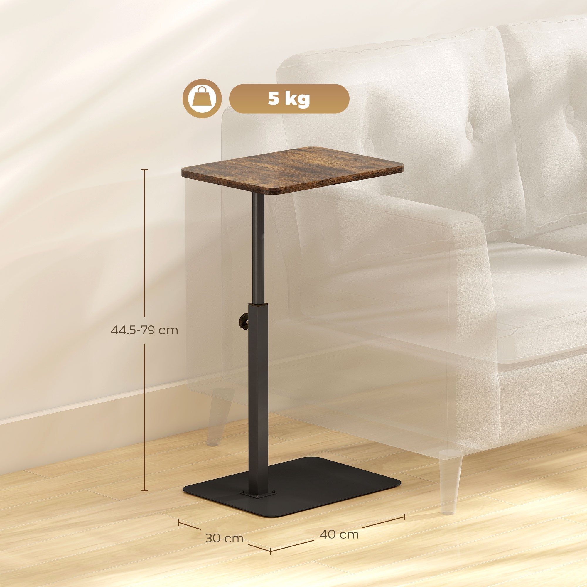 HOMCOM C Shaped Side Table, Small End Table with Adjustable Height and Metal Base for Living Room, Bedroom, Rustic Brown