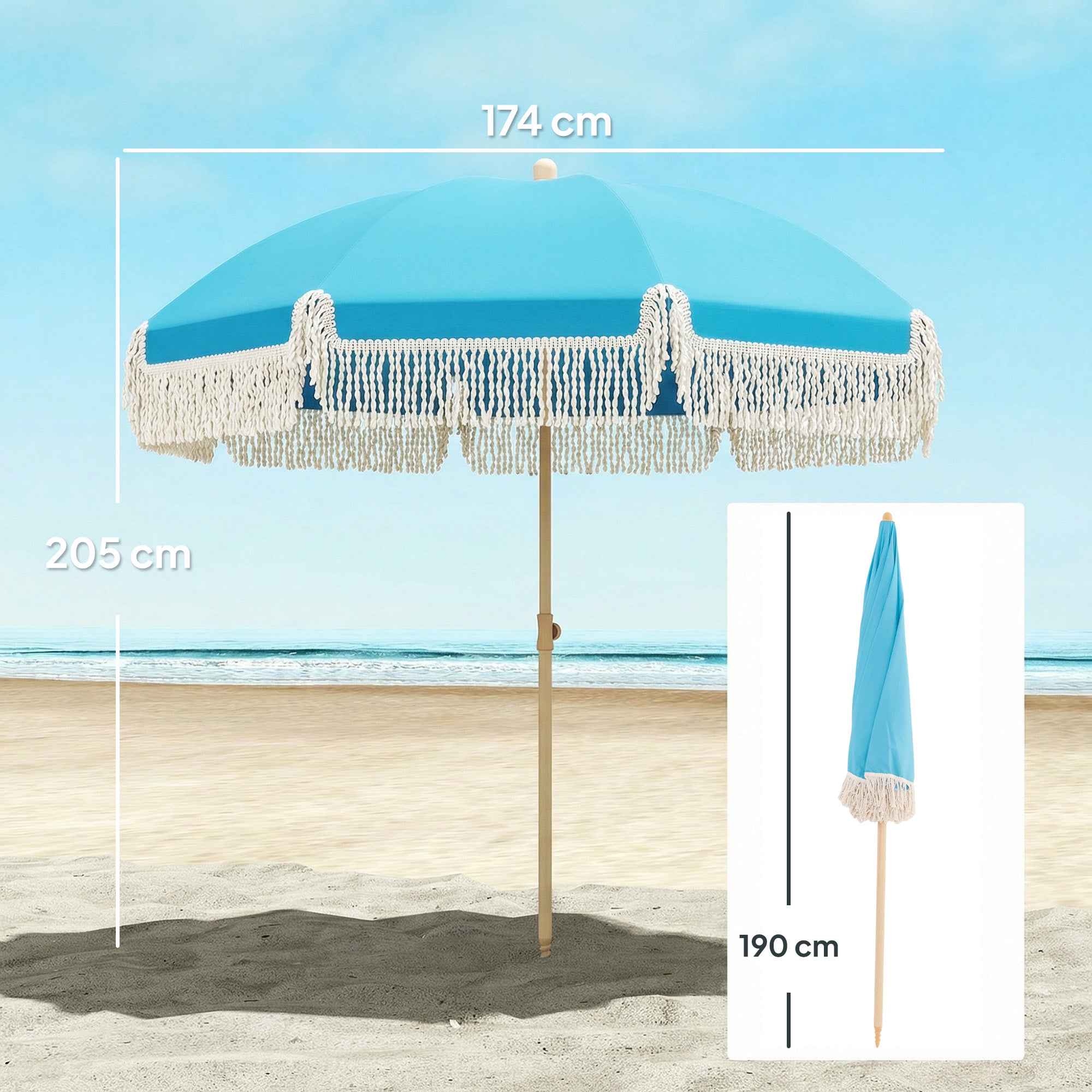 Outsunny 1.7 m Beach Umbrella with Sand Anchor, 30Â° Tilting Fringed Beach Garden Parasol with Adjustable Height, Grey