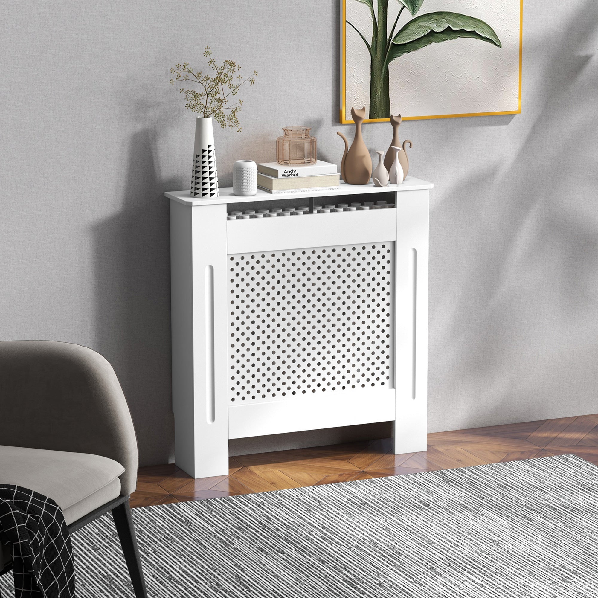 HOMCOM Wooden Radiator Cover Heating Cabinet Modern Home Furniture Grill Style White Painted (Small)