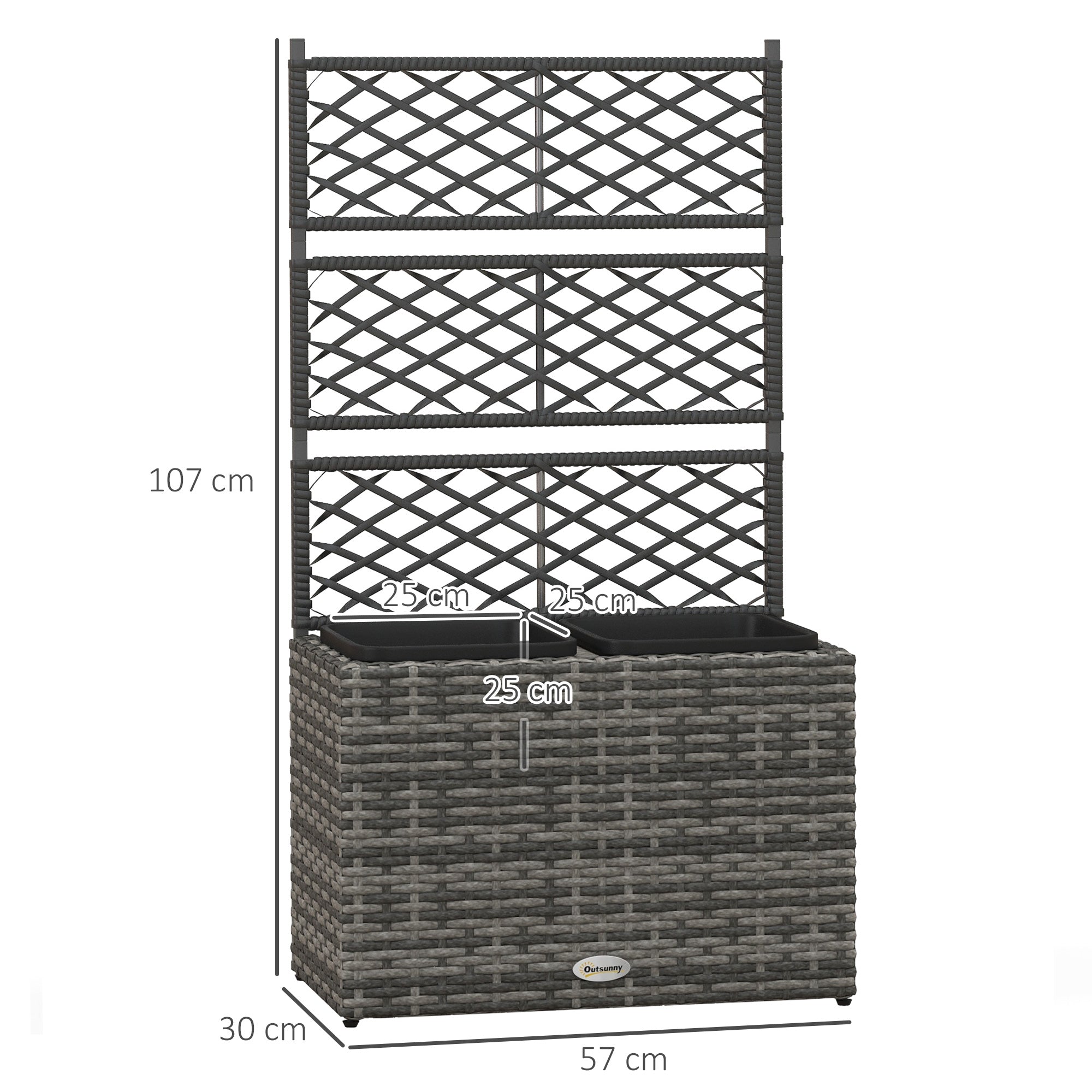 Outsunny 22 L Rattan Planter with Trellis, Freestanding Raised Beds for Garden with Two Plant Boxes, Outdoor Planter for Climbing Plants, Flowers, 57 x 30 x 107 cm, Mixed Grey
