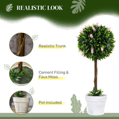 HOMCOM Set of 2 Decorative Artificial Plants Ball Trees with Flower for Home Indoor Outdoor Decor, 60cm,Pink