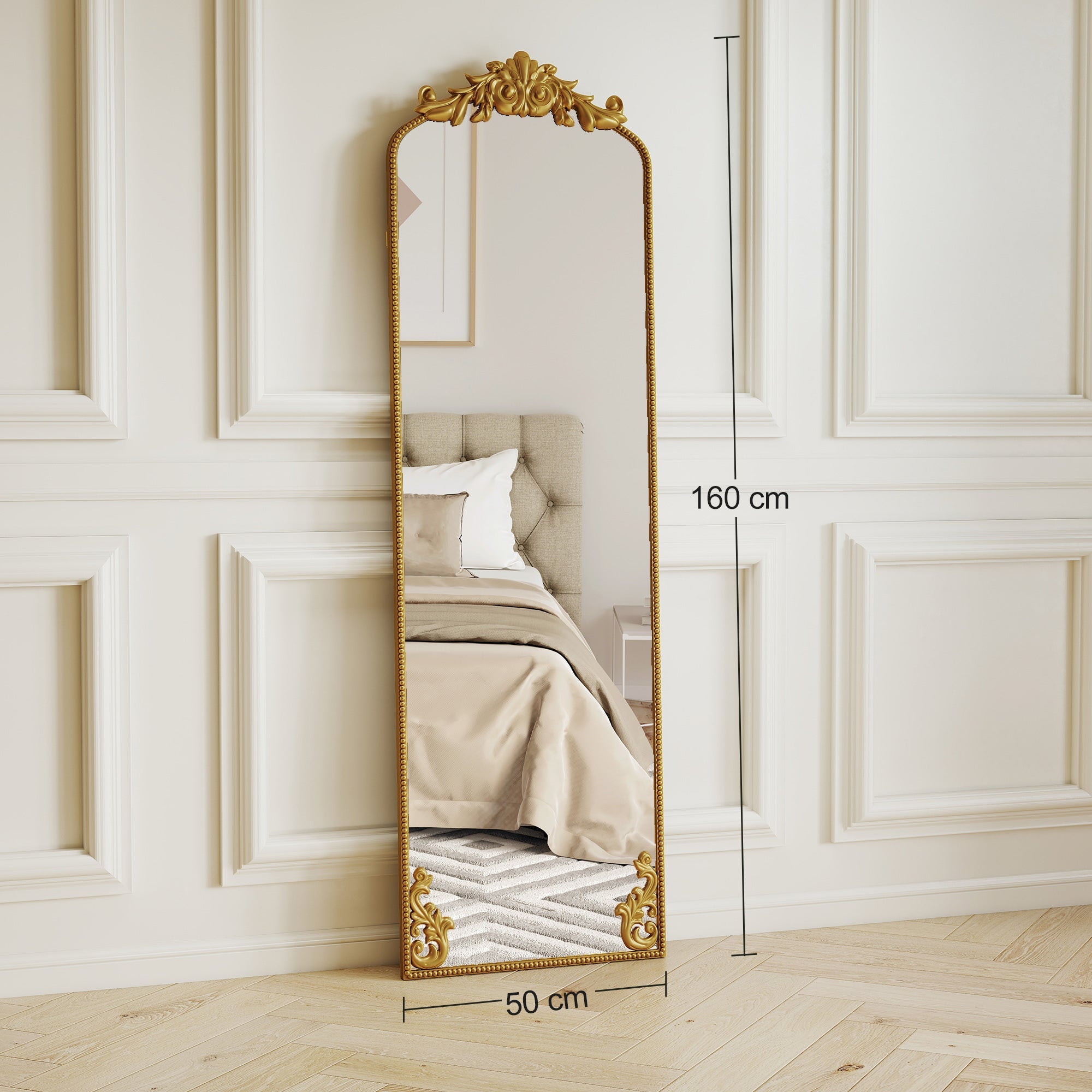 HOMCOM Full Length Mirror, 50 x 160 cm Floor Mirror with Baroque Metal Frame for Bedroom, Living Room, Dressing Room, Gold Tone