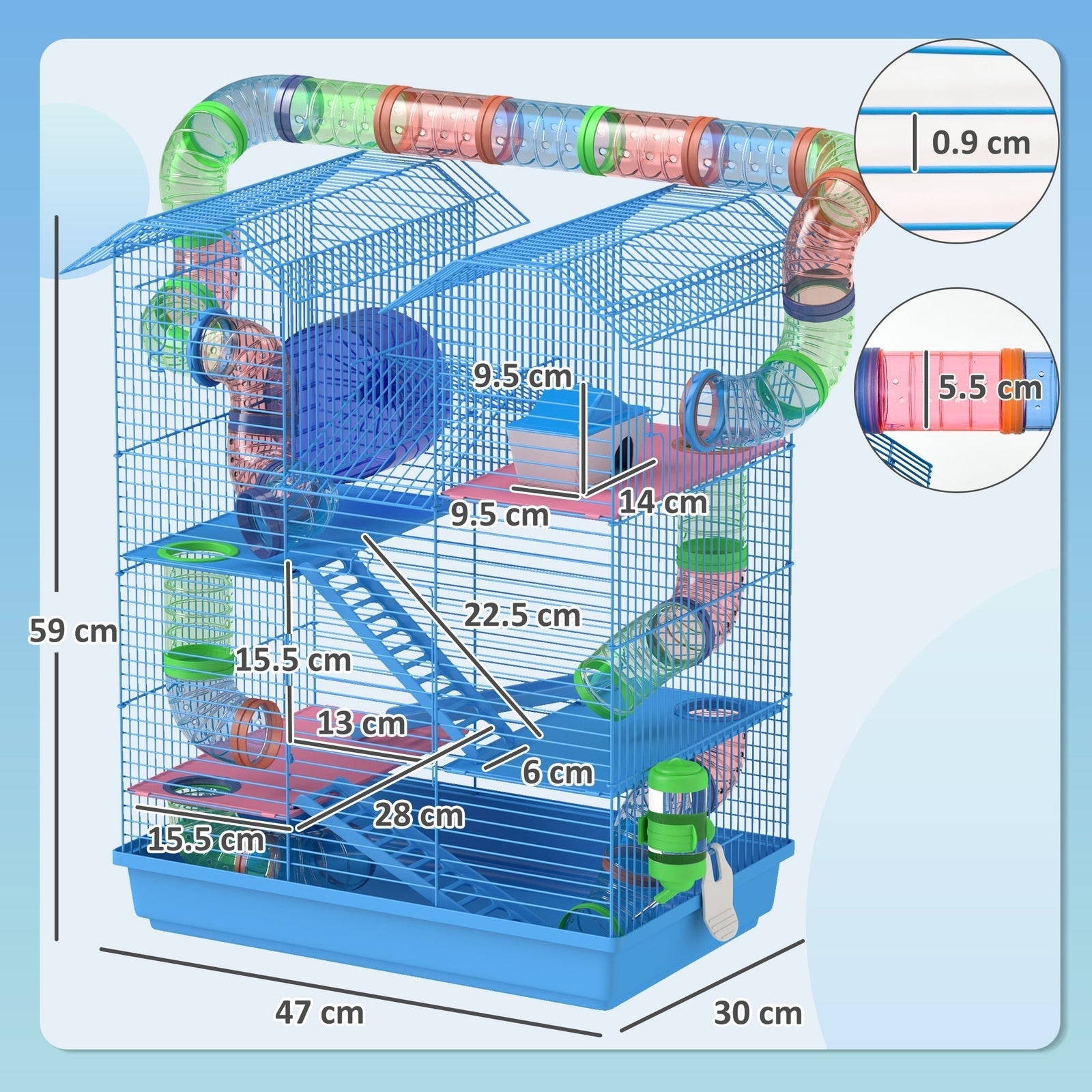 PawHut 5 Tier Hamster Cage Carrier Habitat with Exercise Wheels Tunnel Tube Water Bottle Dishes House Ladder for Dwarf Mice, Blue