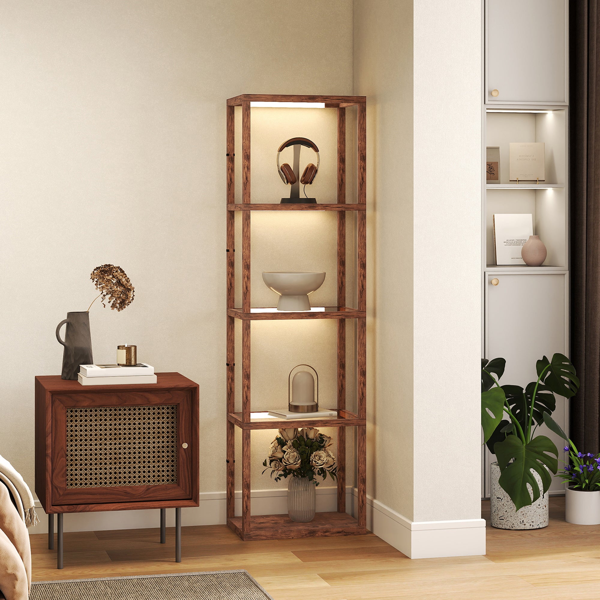 HOMCOM LED Floor Lamp with Glass Shelves, 4 Layers Dimmable Tall Standing Lamp, Modern Column Shelf Floor Light for Living Room, Bedroom, Office, Rustic Brown