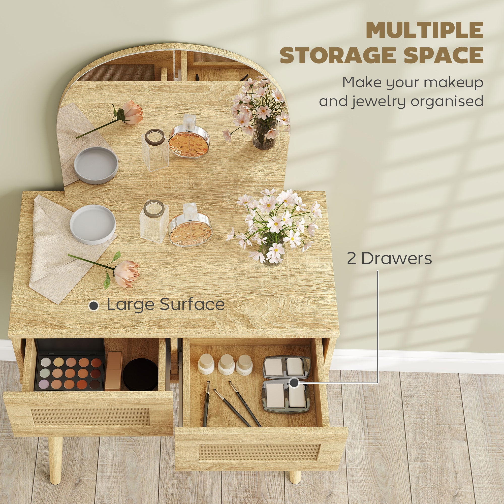 HOMCOM Dressing Table, Compact Vanity Desk with Mirror and 2 Drawers, Natural Wood Finish