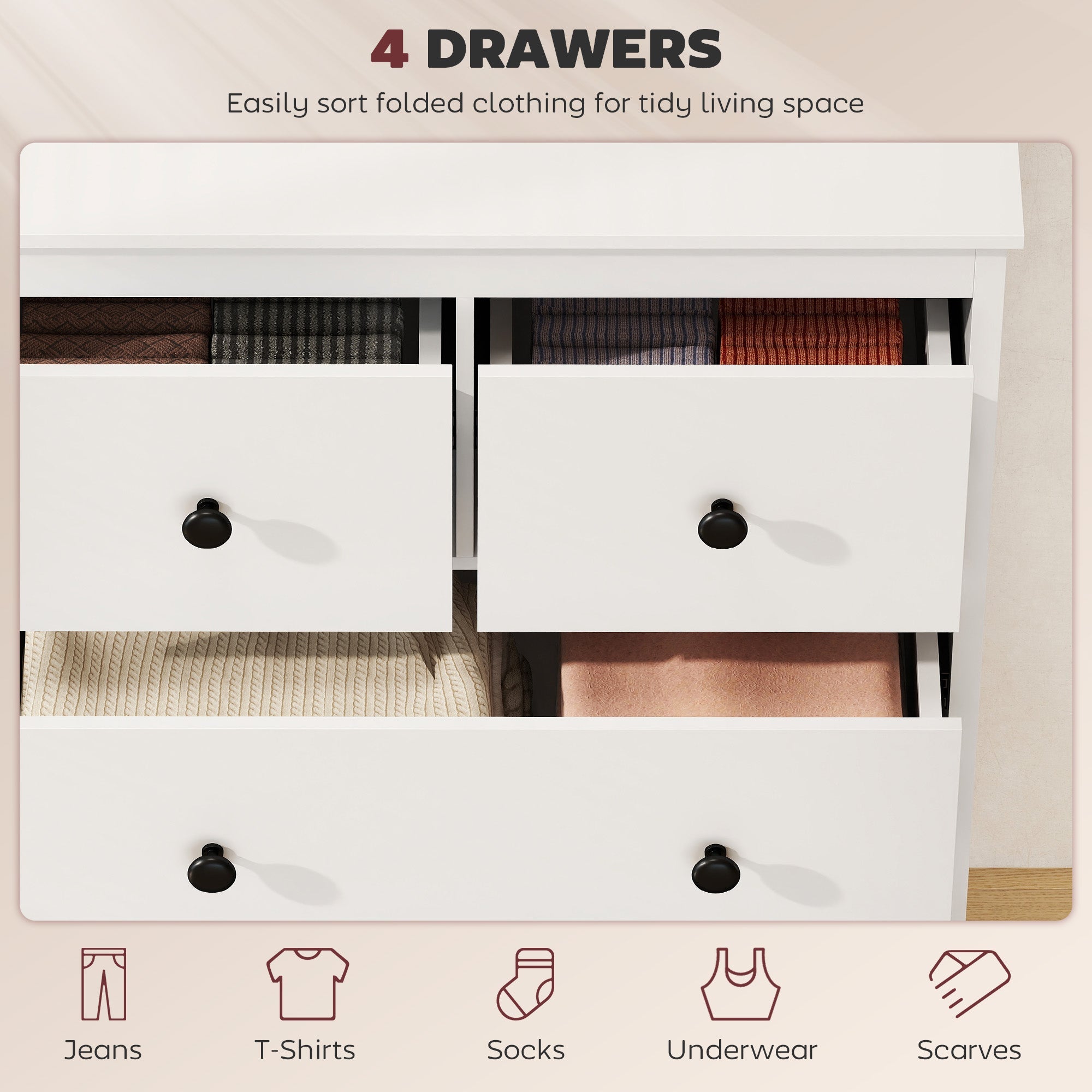 HOMCOM Modern Chest of Drawers, 4 Drawer Dresser Clothes Storage Organiser for Living Room, Hallway, Entryway, White