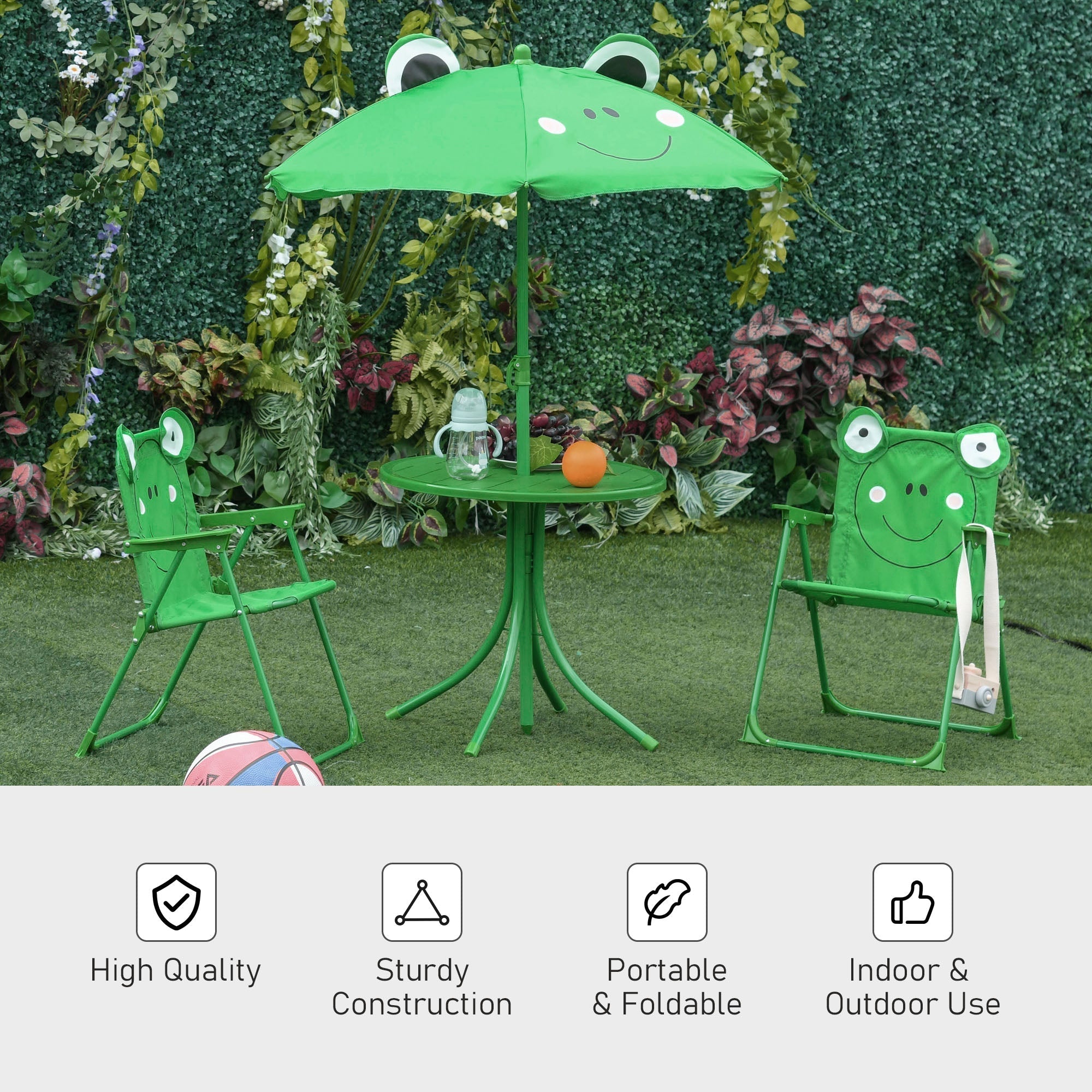 Outsunny Kids Folding Picnic Table Chair Set w/ Parasol, Green