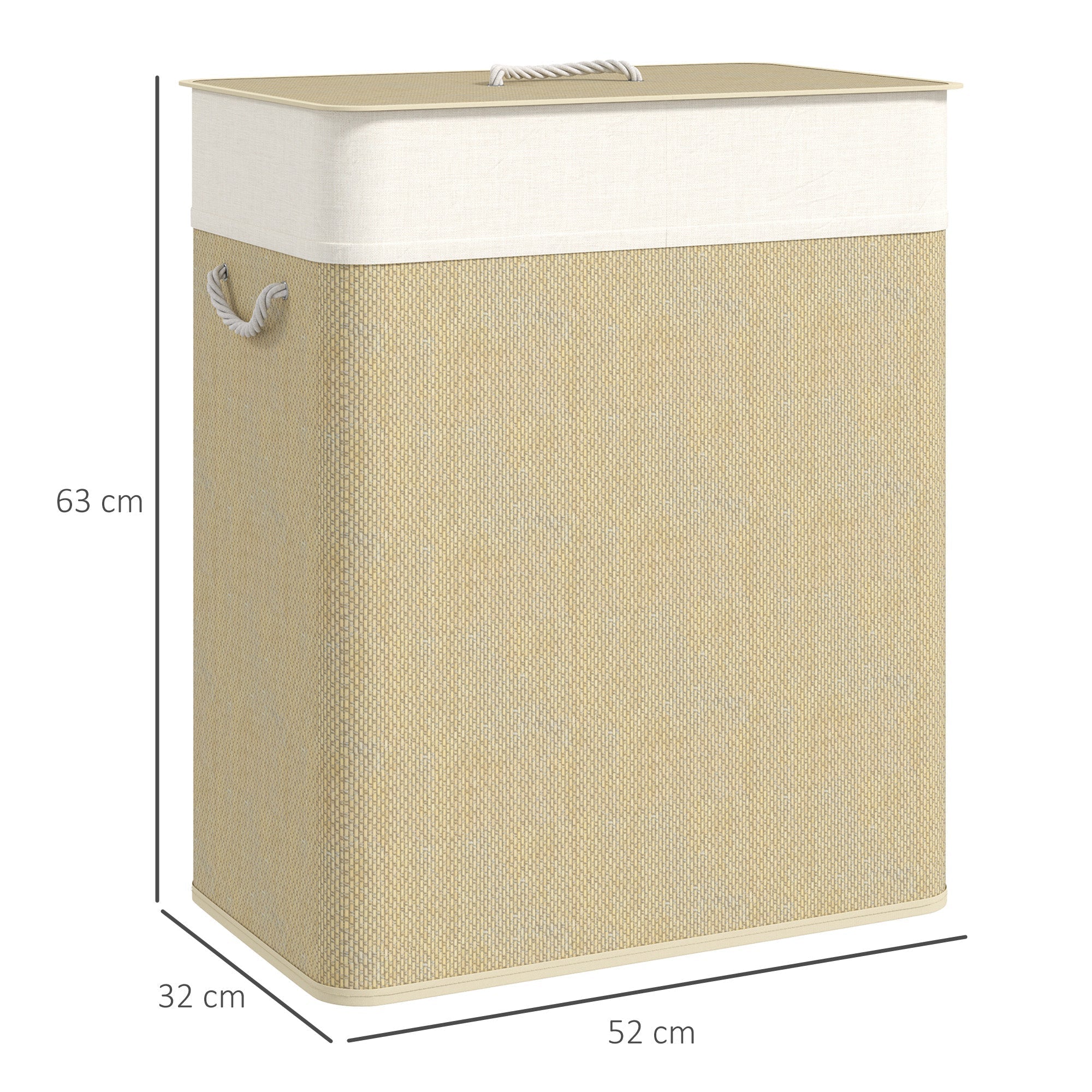 HOMCOM Double Laundry Basket with Lid, 100L Bamboo Laundry Hamper with Rope Handles, Washing Basket with Removable Liner for Bathroom, Bedroom, Cream White