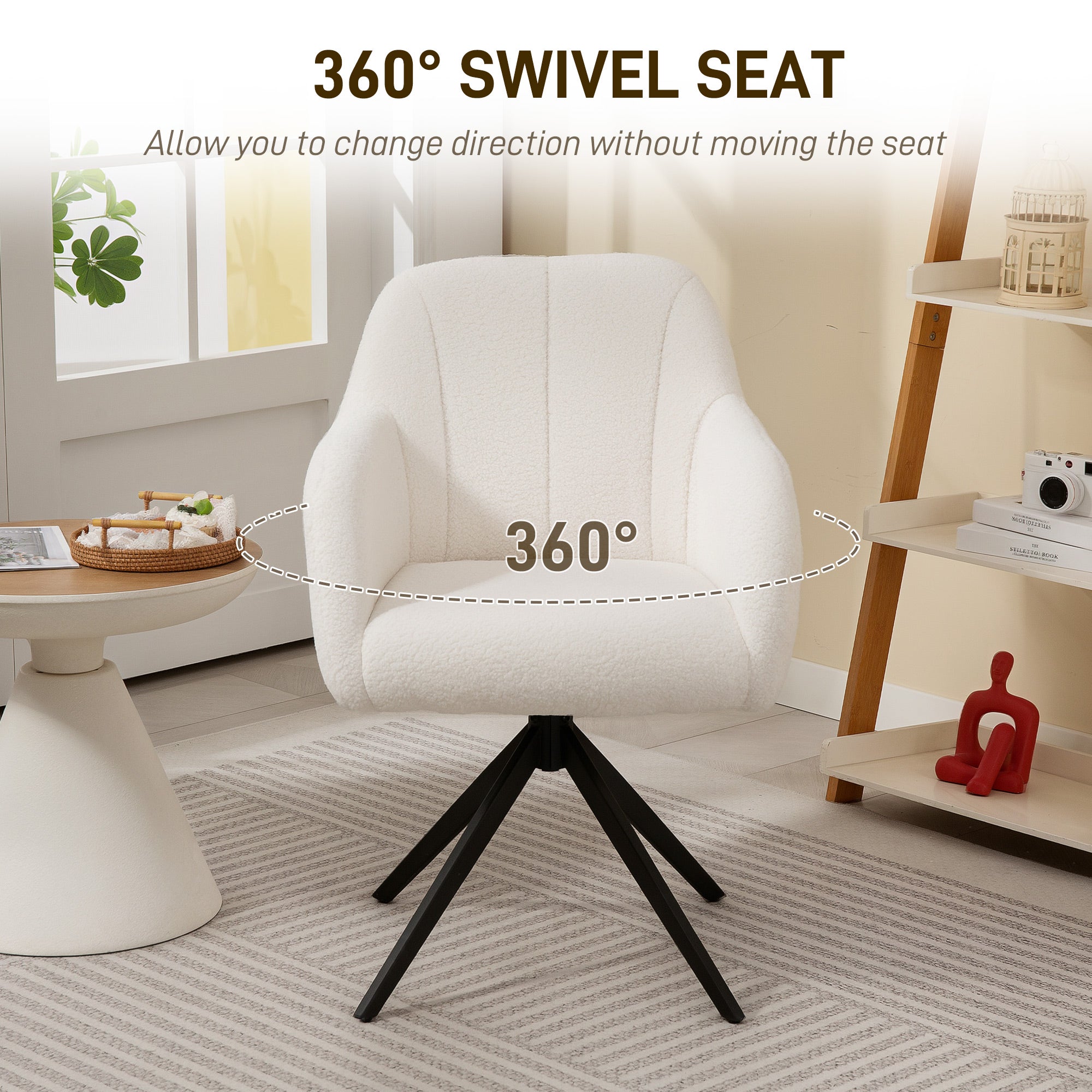 HOMCOM 360 Degree Swivel Accent Chair, Teddy Fleece Fabric Armchair, Upholstered Tufted Vanity Chair with Steel Legs for Living Room, Bedroom, Home Office, White