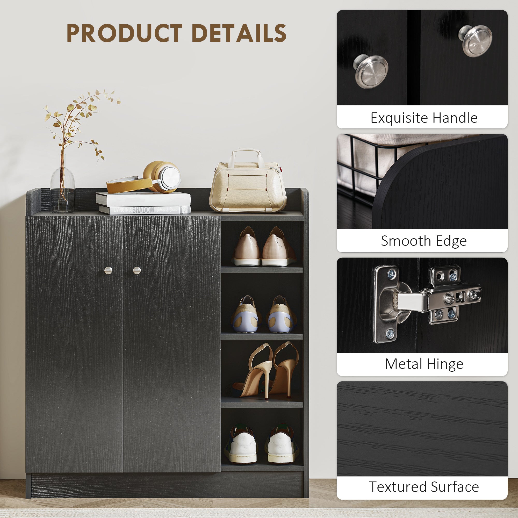 HOMCOM Shoe Storage Cabinet with Adjustable Shelves - Black