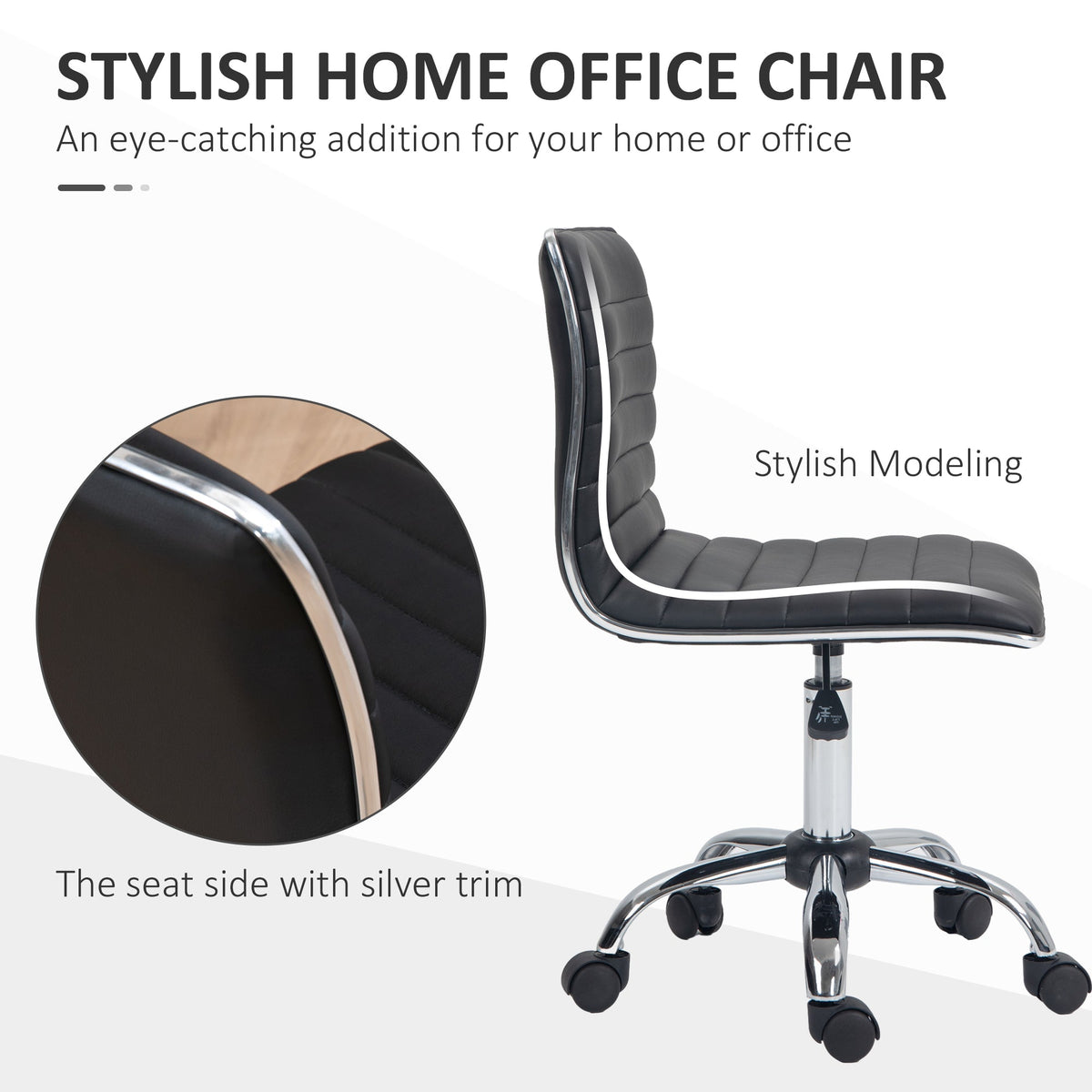 HOMCOM Armless Task Desk Chair, Swivel Office Chair with Faux Leather, Adjustable Seat Height, Chrome Base, Wheels for Home